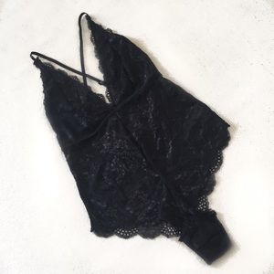 Black Lace Cross Back Bodysuit Lingerie